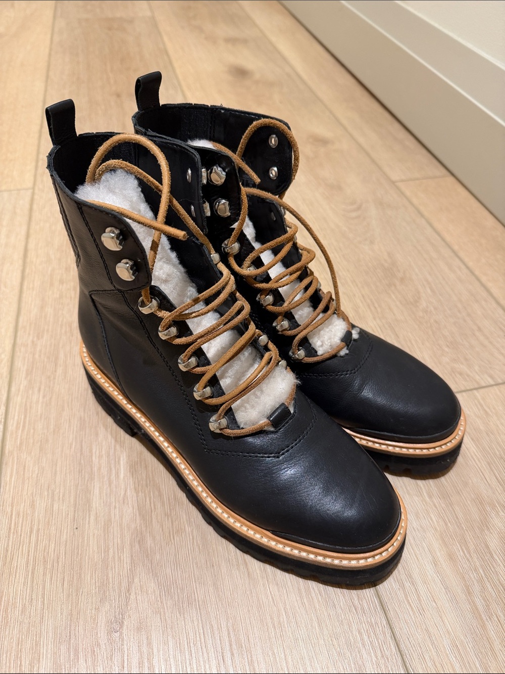 Marc Fisher Black Leather Lace-Up Ankle Boots with Tan Laces